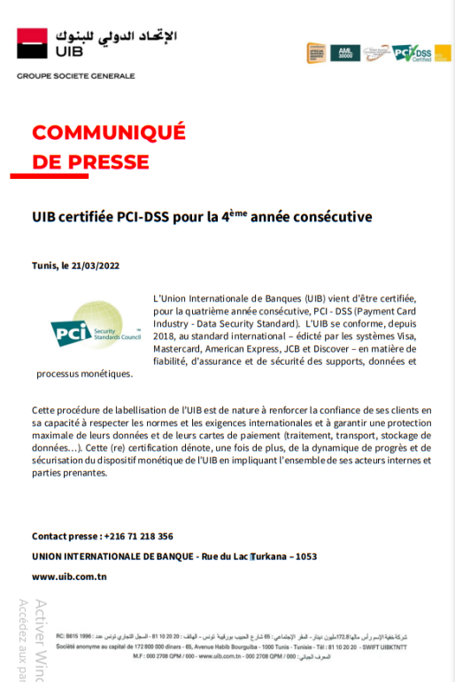 البنوك UIB certifiée PCI-DSS pour la 4ème année consécutive