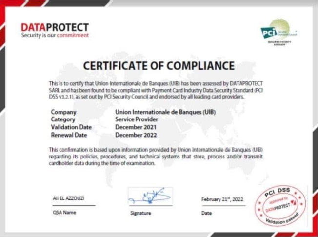 شهادة UIB certifiée PCI-DSS pour la 4ème année consécutive