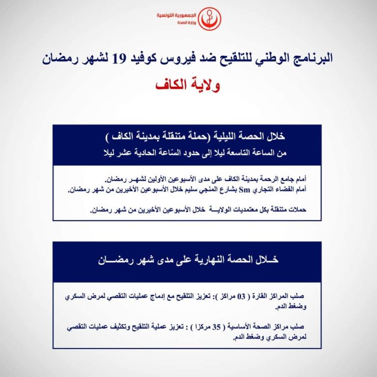 FB IMG 1649182835753 وزارة الصحة تنظم برنامجا وطنيا ليليا للتلقيح في عدد من الولايات