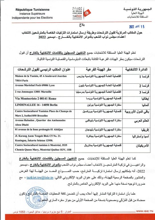 مكاتب الخارج انطلاقا من الغد: فتح باب إيداع الترشحات للانتخابات التشريعية