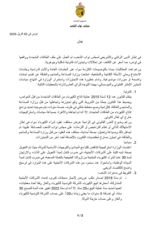 8529a719 5b66 4d38 8243 ca92ad452be4 عدد من النواب: إخلالات وتجاوزات قانونية في ملف الطاقات المتجددة